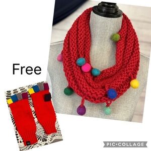 BOUTIQUE BRIGHT CHUNKY KNIT POM POM SCARF & FINGERLESS GLOVES